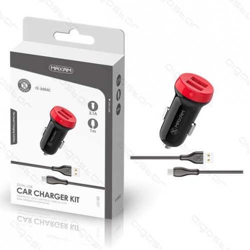 Obrázok pre Adaptér do automobilových zapaľovačov, autonabíjačka 12/24V DC, 2x USB, 3.1A + kábel Type-C čierno-červená