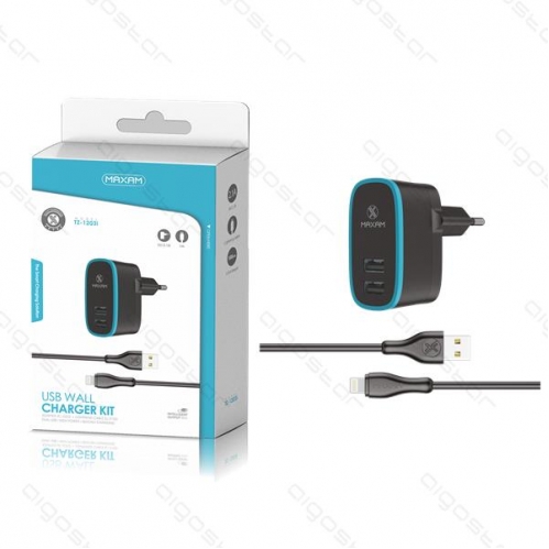 Obrázok pre EU nabíjačka TZ-1203I, 2xUSB 2.1A + kábel Type iPhone Čierno-modrá