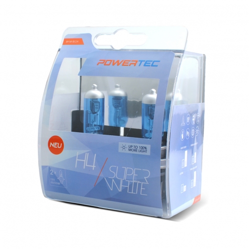 Obrázok pre Autožiarovky SuperWhite H4 12V 55W + 100% svietivosti DUO 2ks v balení  Powertec